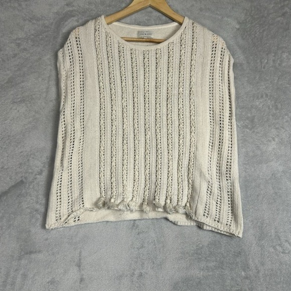 Lucky Brand Sweater Tassel Cable Knit Top XS/S Ivory Cotton Cap Sleeve Boho